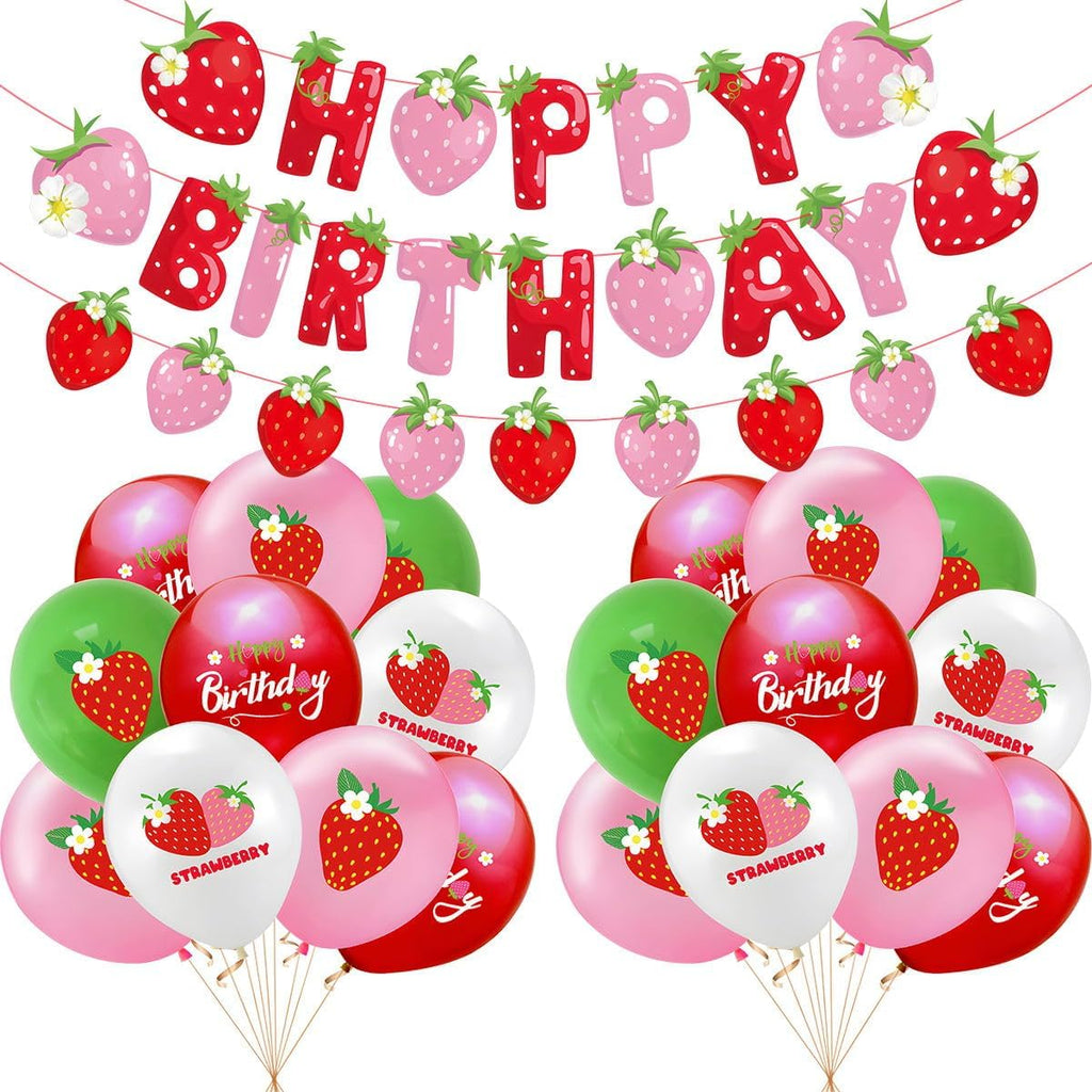 Strawberry Party Decoration Set - Balloons & Cake Toppers for Girls' Birthday | Fruit Theme Supplies