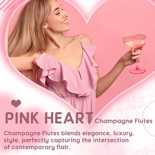 Didaey 2 Pack Wedding Heart Shaped Champagne Flutes Pink Coupe Martini Glasses Cocktail Toasting Glasses Wine Cups with Gold Rim for Bridal Shower Celebrations Girl Birthday Party Supplies(Classic)