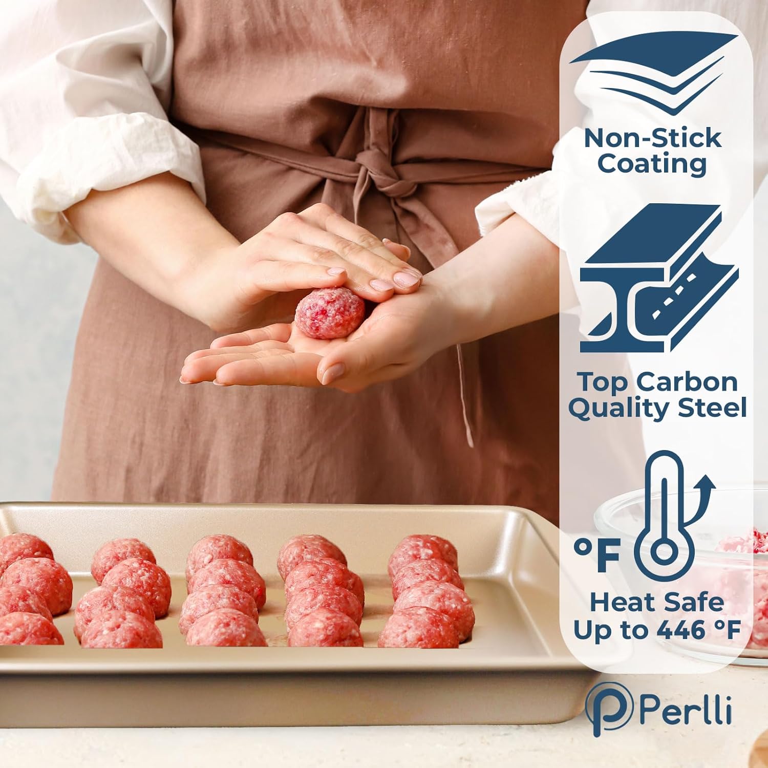 Perlli 10-Piece Baking Set - Nonstick Gold Steel Bakeware with Silicone Handles | Includes Cookie Sheets, Cake Pans, and More