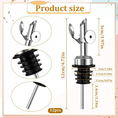 12 Pack Olive Oil Dispenser Spout Speed Liquor Pour Spout with Flip Top Stainless Steel Pour Spouts for Bottles Weighted Liquor Pours Spouts with 12 Adapters for Large Neck Bottles
