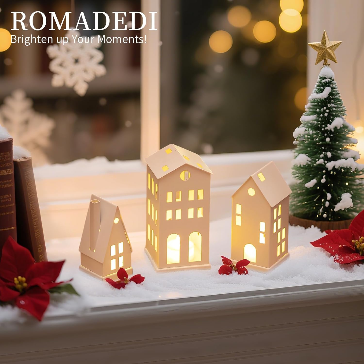 Romadedi Christmas Village Houses - White LED Candle Holders | Set of 3 Light-Up Decorations for Home Decor