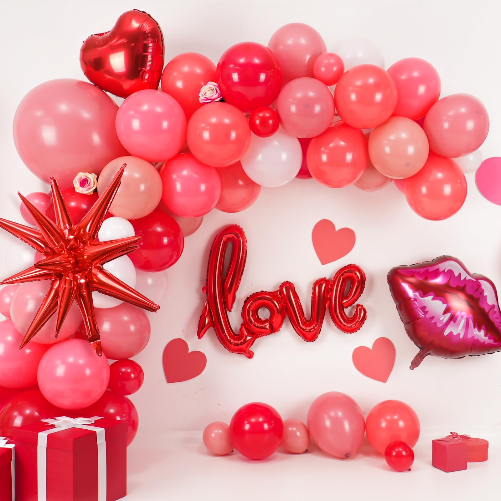 Valentines Balloons Arch Kit with Dusty Pink Red Balloons Red Star Pink Heart Lip Love foil Balloon for Women Girls Valentine's Day Galentines Day Wedding Bridal Shower Anniversary Party Supplies
