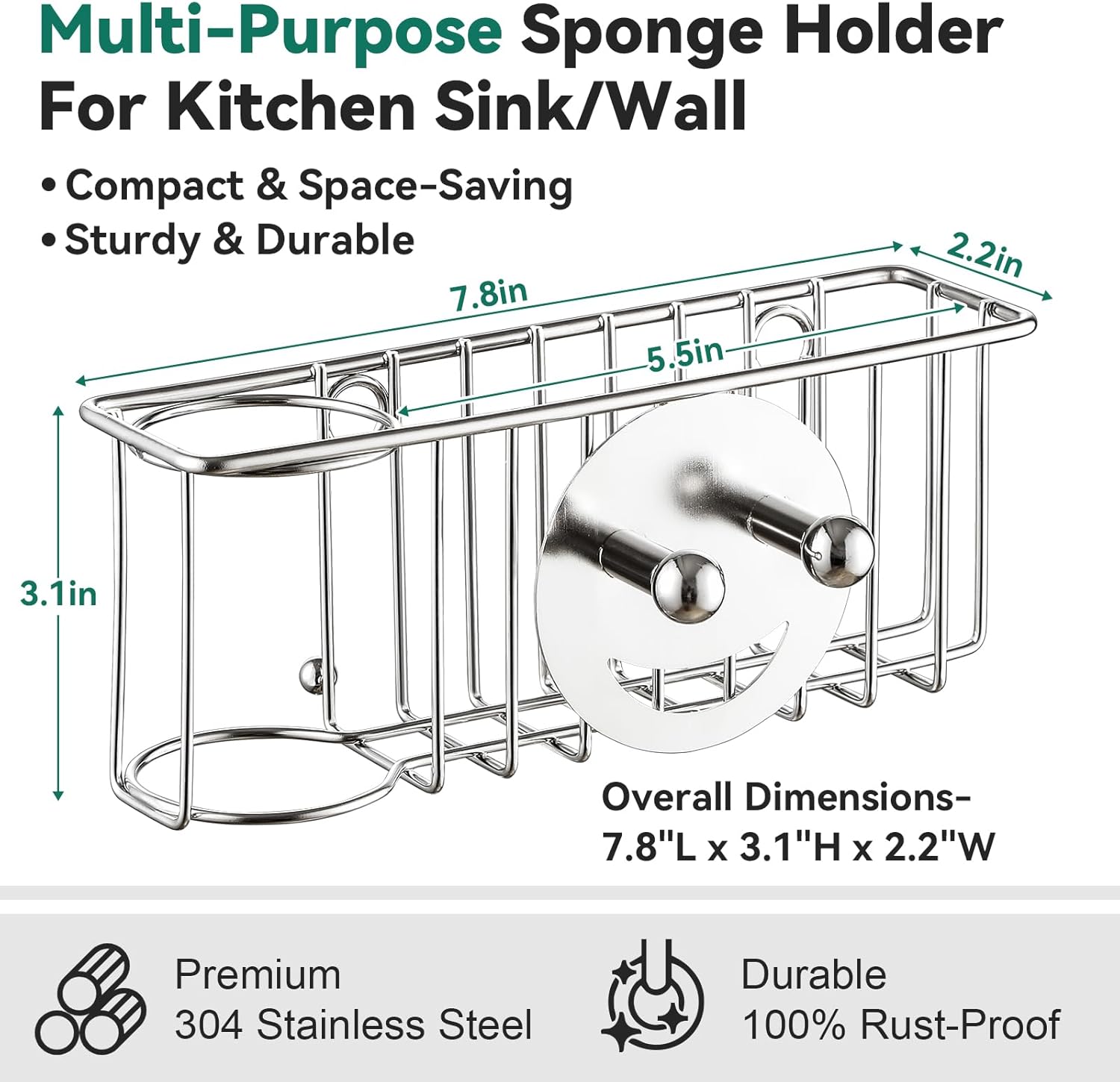 Scrub Daddy 3-IN-1 Multiuse Sponge Holder - Kitchen Sink Organizer with Suction Cups & Adhesive Hook