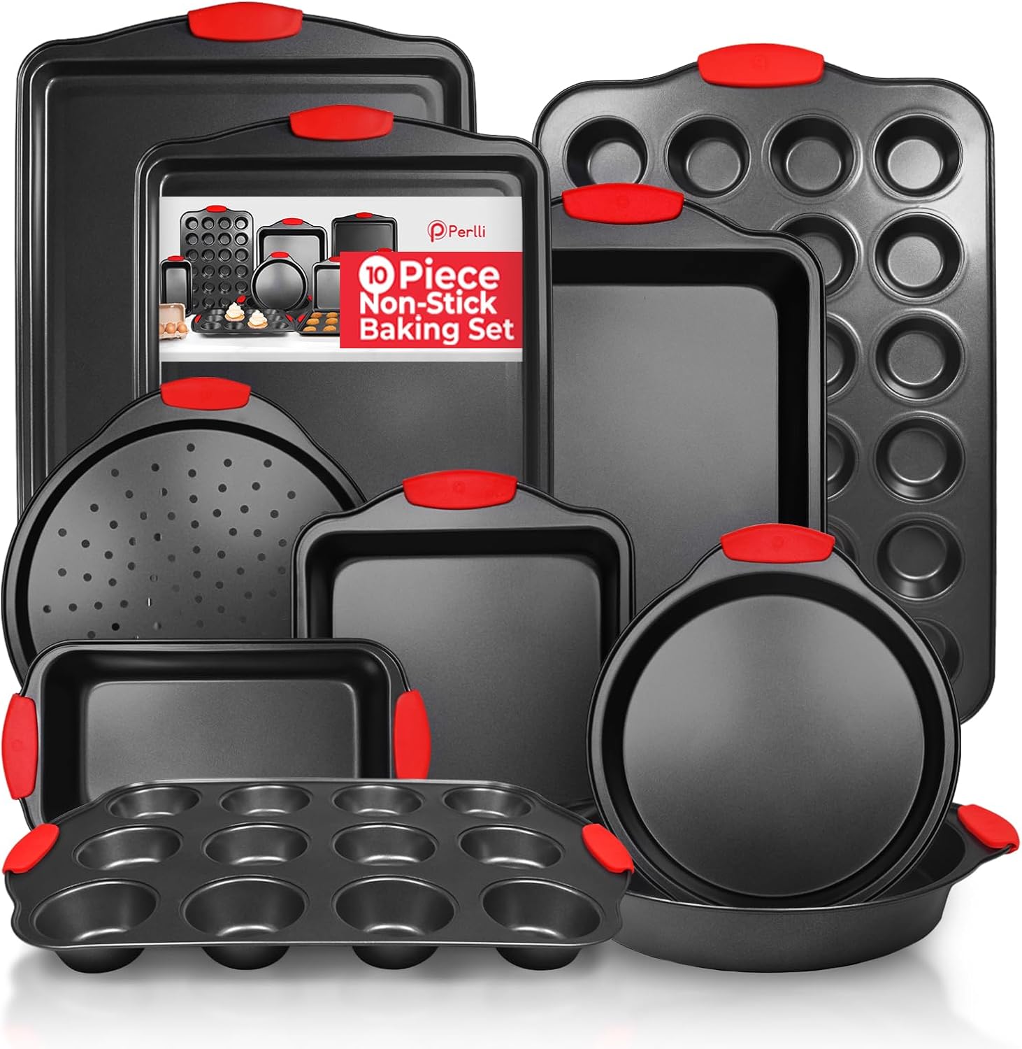 PERLLI Non-Stick 10-Piece Baking Pan Set - BPA-Free Carbon Steel Bakeware with Silicone Handles | Oven Safe Up to 446°F