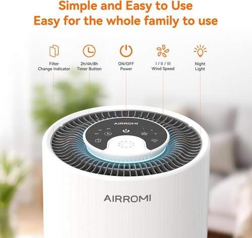 AIRROMI Air Purifier - 3-in-1 HEPA Filter for Bedrooms | Covers Up to 990 Ft² - Quiet 360° Air Cleaner in White