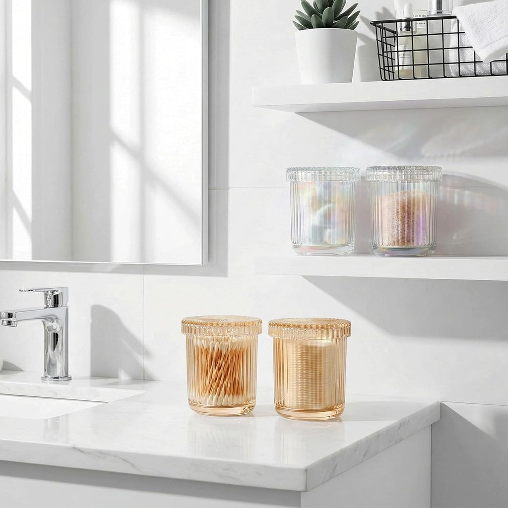 Skiennix Glass Qtip Holder Dispenser - 2 Pack Bathroom Organizer for Cotton Swabs & Makeup Essentials | Amber