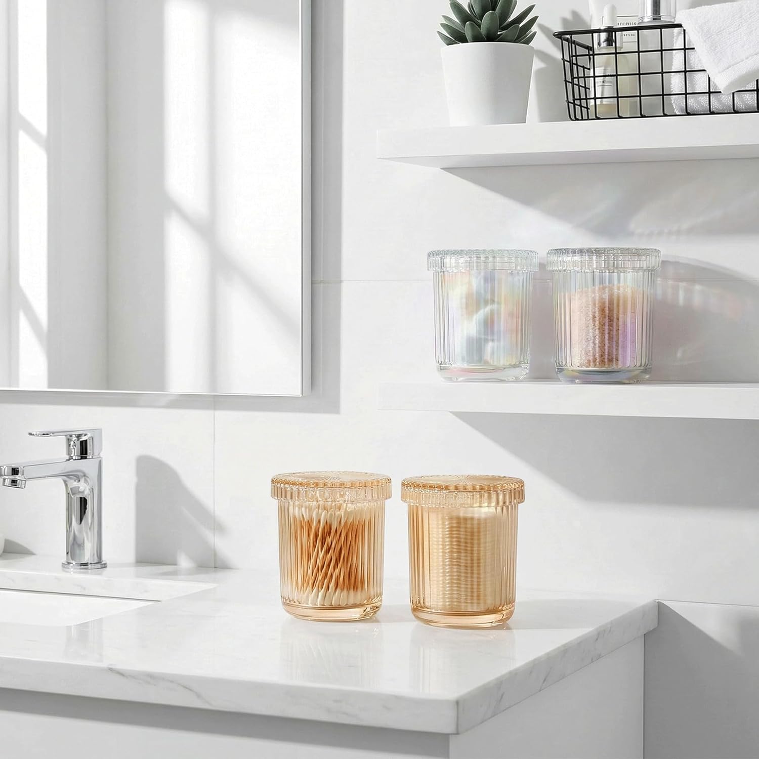 Skiennix Glass Qtip Holder Dispenser - 2 Pack Bathroom Organizer for Cotton Swabs & Makeup Essentials | Amber