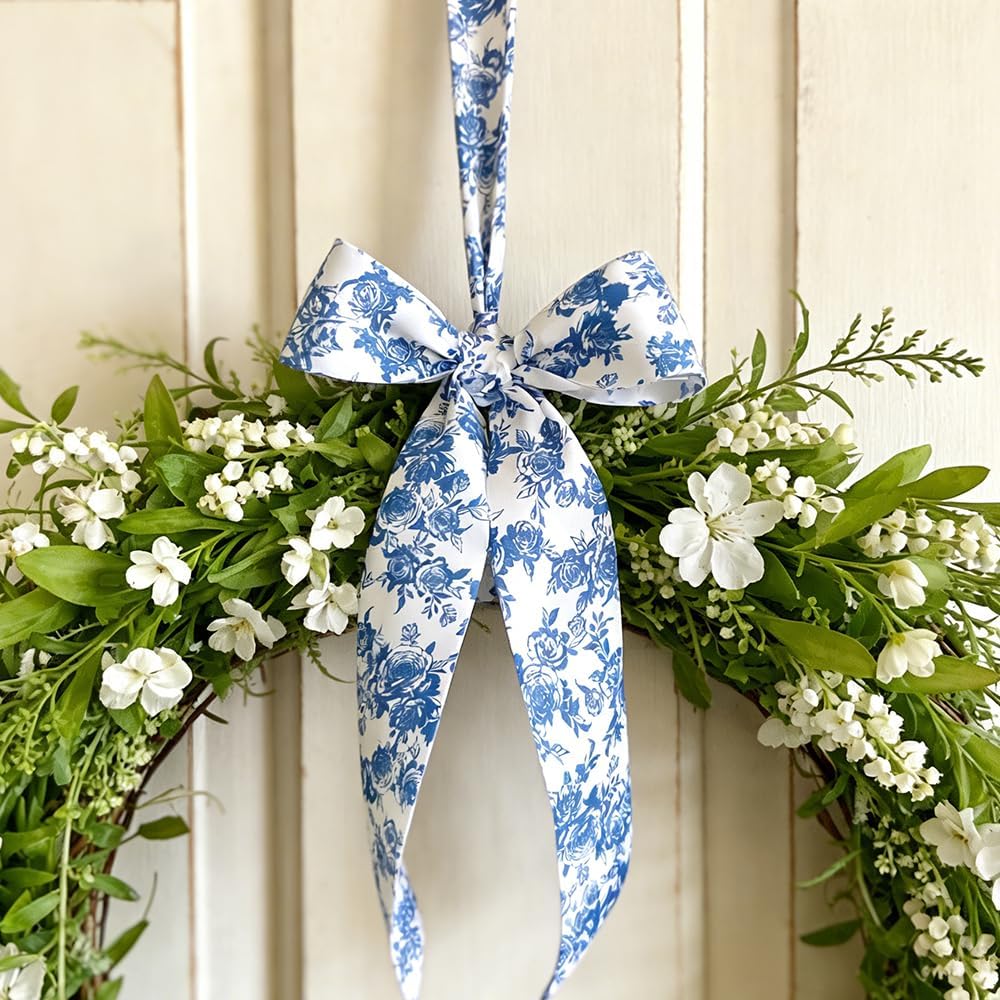Tinsow Blue Floral Wreath Sash Bow - 2 Pack Chinoiserie Ribbon Scarf for Spring/Summer Door Decor