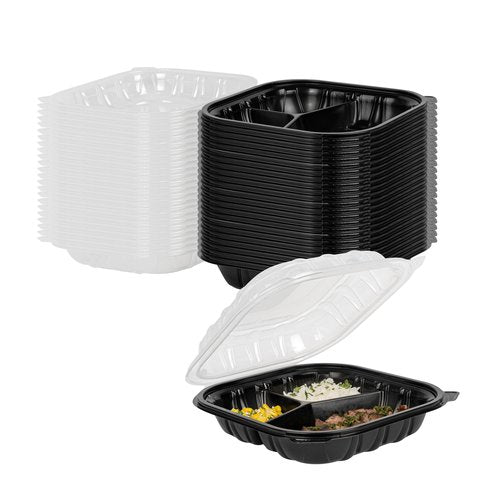 Thermo Tek 40 Ounce Clamshell Containers, 50 Disposable Take Out Boxes - 3 Compartments, Ventilated Lids, Black Plastic Meal Prep Containers, Microwavable, For Pasta Or Salads - Restaurantware