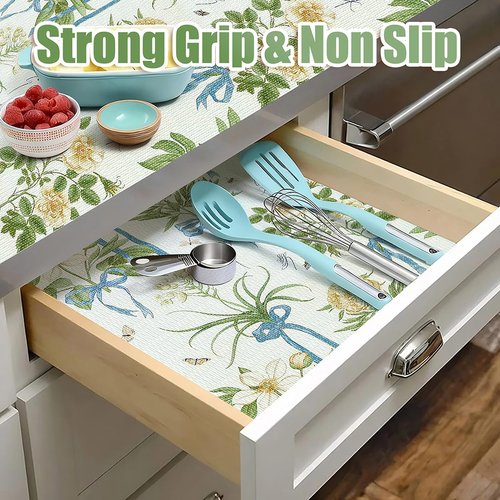 Tatyanna Drawer and Shelf Liner for Kitchen Cabinets Non Adhesive Cabinet Liners Floral Shelf Liners Strong Grip Non-Slip Drawer Liner Waterproof Easy to Clean Cupboard Dresser Liner 12IN x 10FT