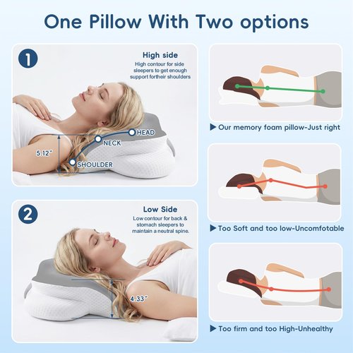 Cervical Neck Pillow for Pain Relief, Ergonomic Contour Pillow for Sleeping, 2 Heights Cooling Pillow for Neck and Shoulder Support, Memory Foam Orthopedic Pillow for Side Back Stomach Sleepers