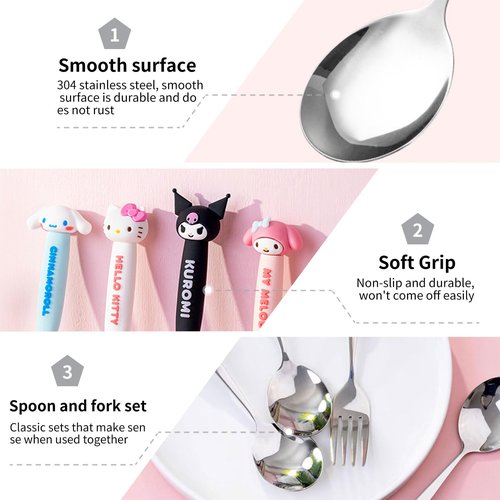 2 PCS Spoon and Fork Set, Cute Stainless Steel Silverware Set, Cartoon Salad Forks and Soup Spoons, Gift for Her