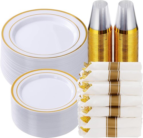 Goodluck 350-Piece Gold Plastic Dinnerware Set - Elegant Disposable Plates for 50 Guests | Includes Plates, Napkins & Silverware