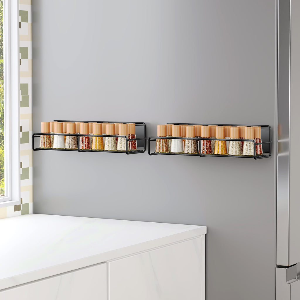 Mystozer 2 Pack Magnetic Spice Rack Organizer,Space Saver for Refrigerator and Microwave Oven, Magnetical Fridge Shelf for Jars,Seaoning,tins and Utensils (Black)