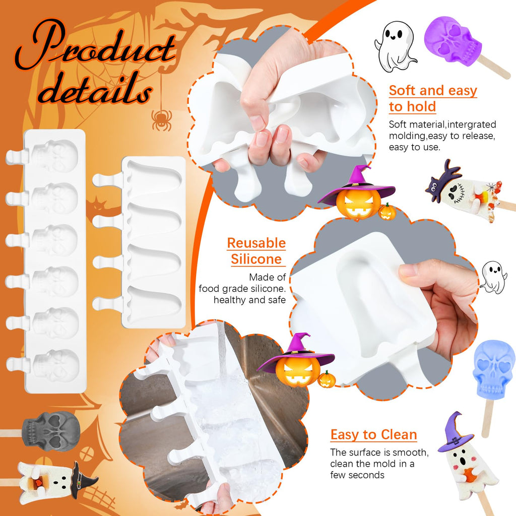 FillTouch 2 Pack Halloween Silicone Ice Cream Mold Homemade Cakesicle Mold Kits Silicone Ghost Skull Ice Pops with 50 Wooden Sticks and 2 Droppers Craft Sticks for Baking and Home Snacks DIY