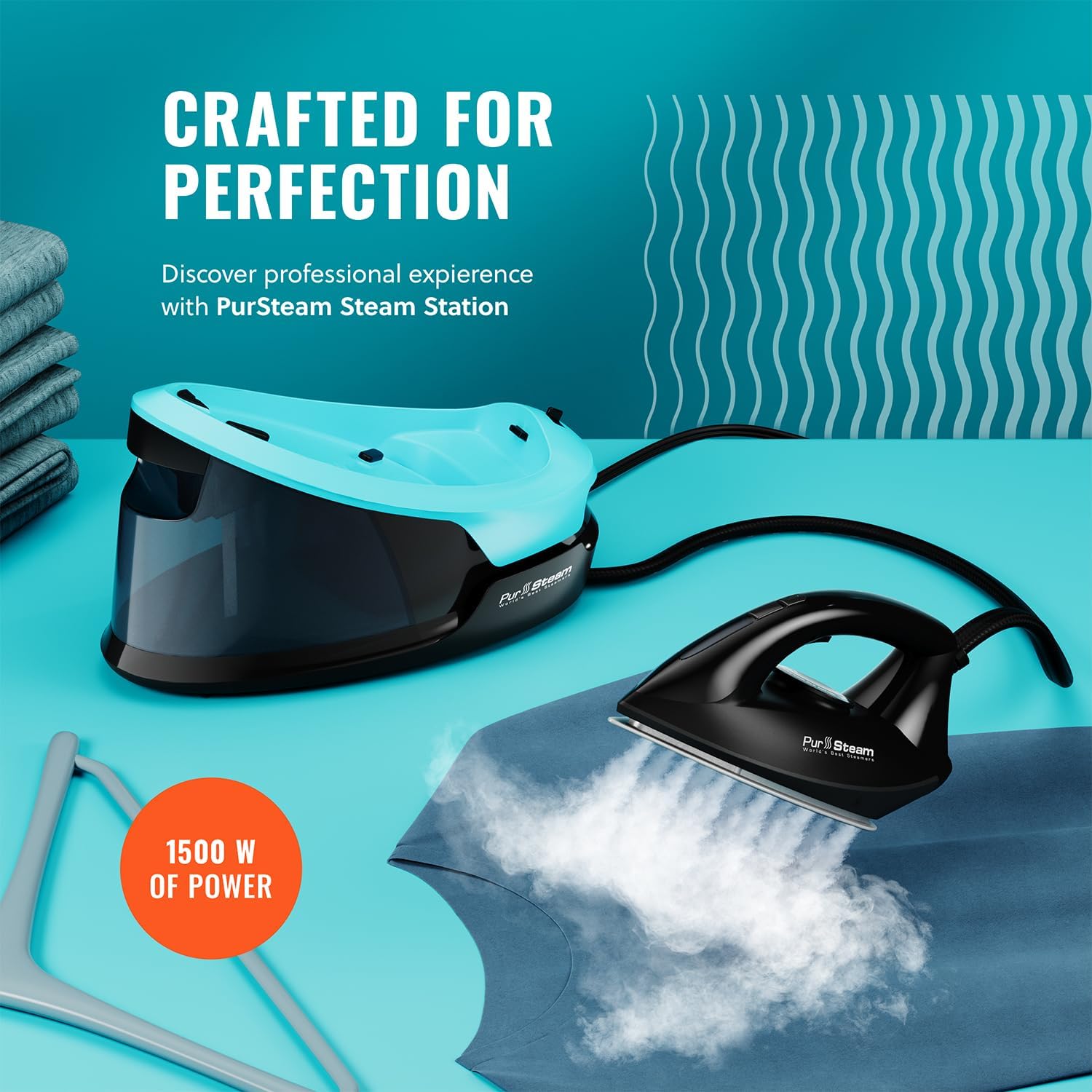 Pursteam Steam Station | Max Ceramic Soleplate Steam Iron - 1500W, 50.7oz Tank, Fast Heat-Up, Auto Shut-Off