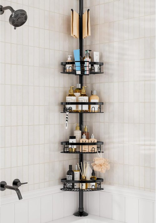 Cutefafa Rustproof Corner Shower Caddy - Height Adjustable Tension Pole with 4 Large Baskets | 23.6 to 114.5 Inch