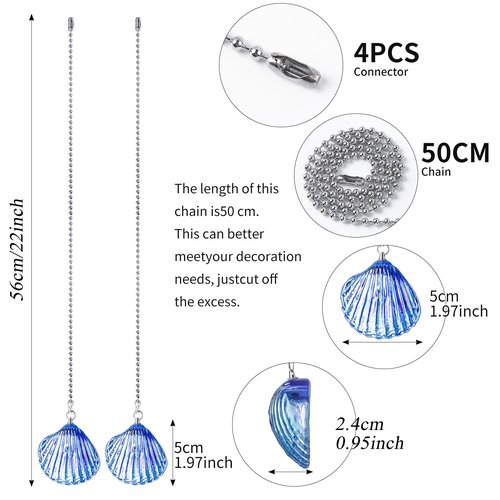 LONGSHENG - SINCE 2001 - 2 Pack Silver Ceiling Fan Pull Chain Extension, Blue Glass Shell Shaped Pendant Pull Chains for Ceiling Fans and Lights, Decorative Fan Pulls Extenders with Connector