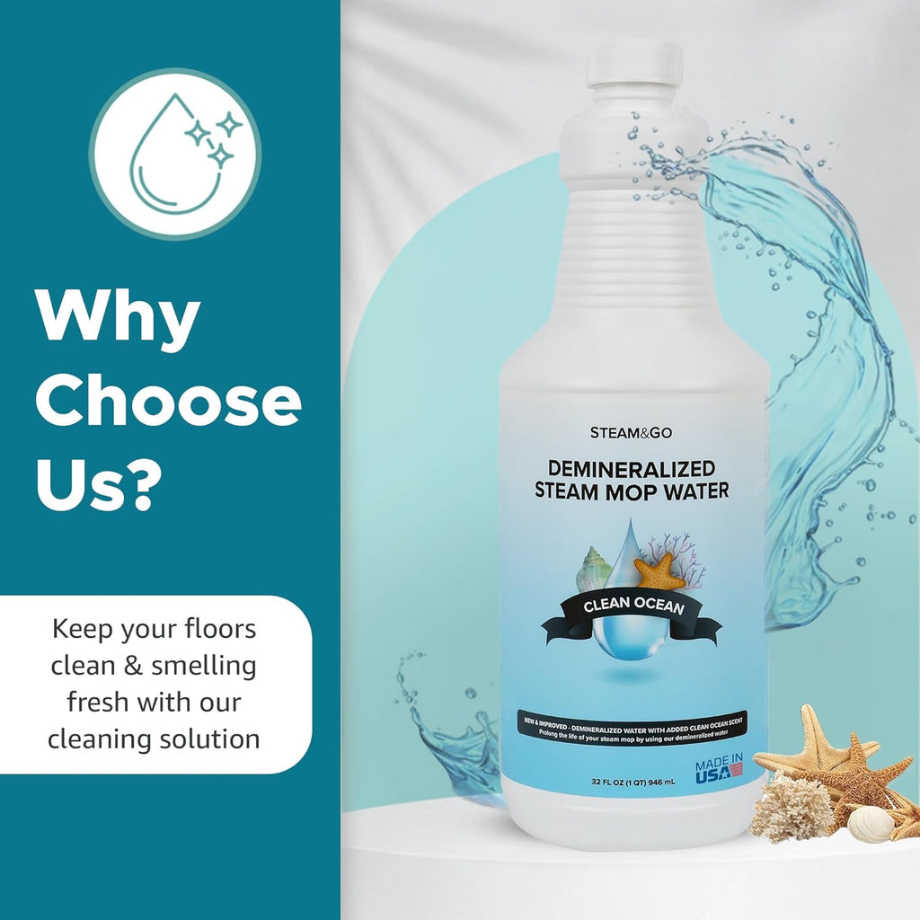 Steam & Go Demineralized Water - Multisurface Cleaner, PVC-Free Ready-to-Use for Mops & Floor Steamers - Ideal for Kitchen, Bathroom, & Home Surfaces - Clean Ocean Scent - 32oz (Pack of 1)