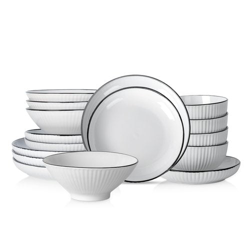 Christian Siriano Lustra Modern 16-Piece Stoneware Dinnerware Set, Plates and Bowls Set, Dinner and Salad Plates, Ramen Bowls, Dishes for 4, White