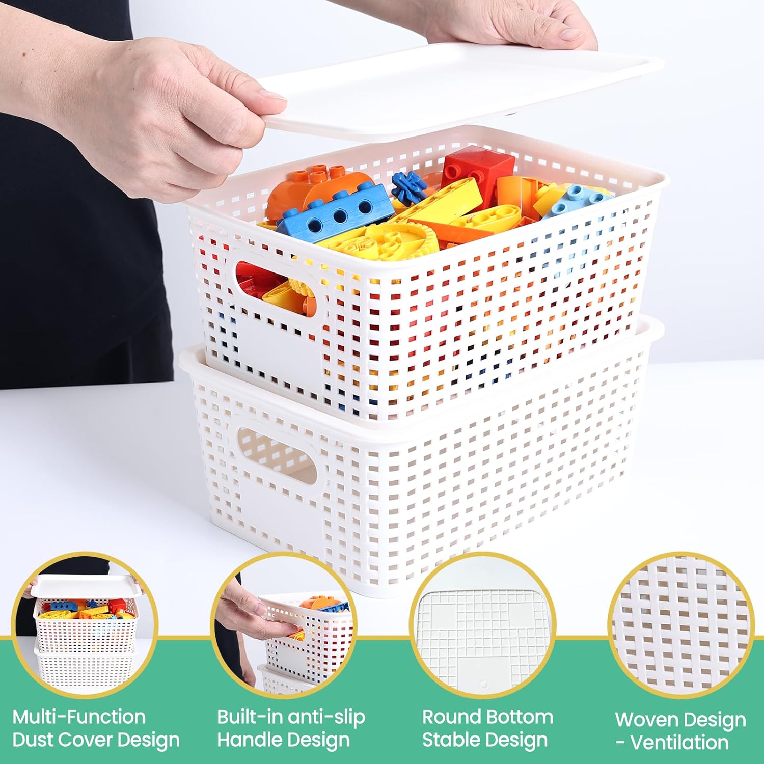 Skiennix Plastic Storage Baskets - Stackable Organizing Containers with Lids | 8 Pack - White, 10.2x7.2x4.1 Inch