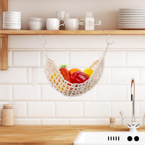 Guduling Fruit Hammock Under Cabinet,Hanging Fruit Hammock,Fruits Hammocks for Kitchen Hand-Woven Boho Fruits Holder Net Organization Banana Basket for Home Dining Room Cabinet Decor