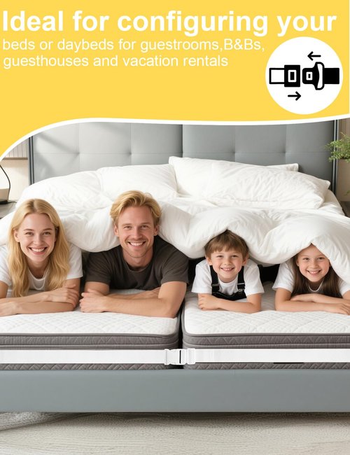 HAEZU 33 Feet Adjustable Mattress Straps Converter for Twin to King Bed,Twin Beds Connector to Make a King,Long Bed Mattress Connector with Buckle for Two Twins (White)