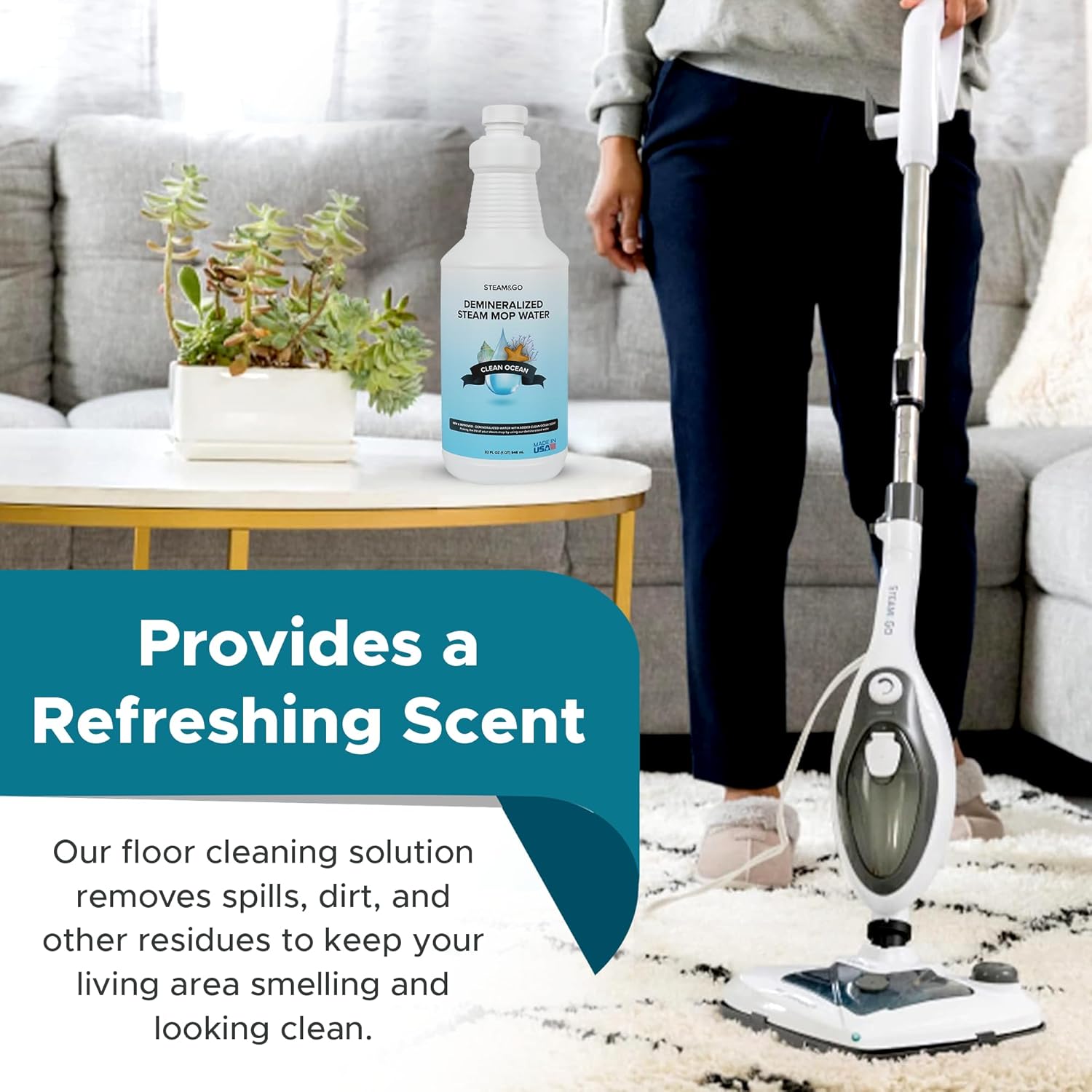 Steam & Go Demineralized Water - Multisurface Cleaner, PVC-Free Ready-to-Use for Mops & Floor Steamers - Ideal for Kitchen, Bathroom, & Home Surfaces - Clean Ocean Scent - 32oz (Pack of 1)