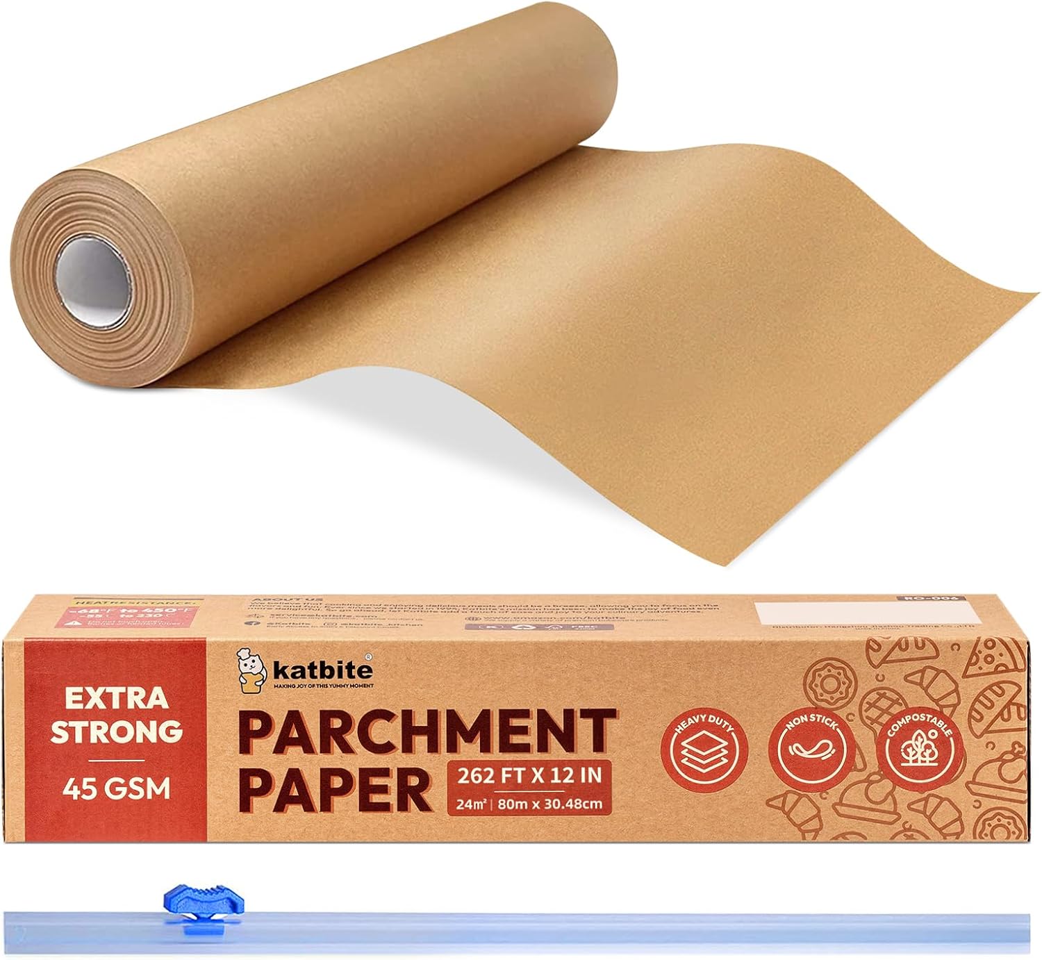 Unbleached Parchment Paper Roll - Heavy Duty Non-Stick Baking Paper with Slide Cutter | 12in x 262ft
