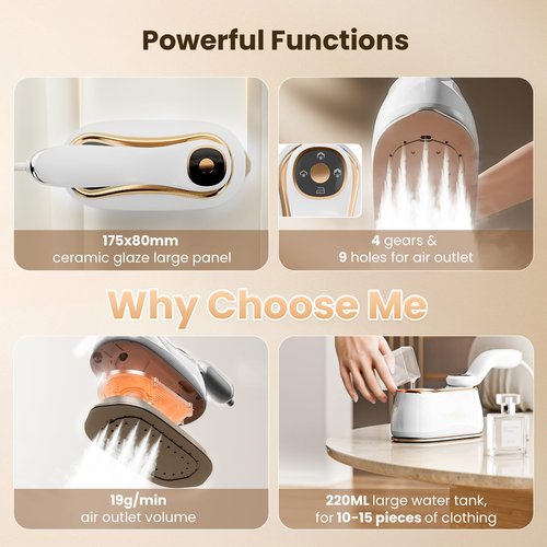 MiTdir Portable Clothes Steamer 175x80mm Ceramic Glaze Panel Iron LCD 220ml Water Tank 1200W&15s Fast Heat Up 4-speed Steamer for Clothes of all Fabrics Dry&Wet Iron for Home Travel Business Trip