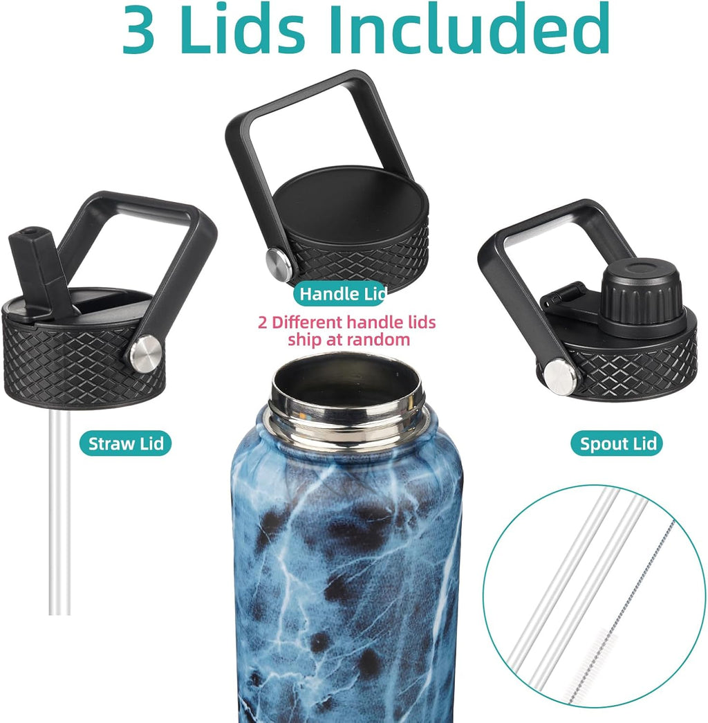 Skiennix 18 Oz Insulated Stainless Steel Water Bottle - Marble Ocean Design with 3 Lids