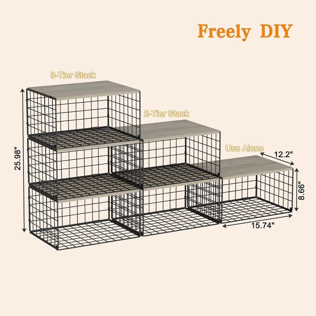 Sturdy Metal Closet Organizers by [Brand Name] - Extra-Long Stackable Storage Bins | Space-Saving Black Design, 3 Pack