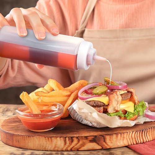 Singhoow 24 Pcs 32 oz Squeeze Bottle Large Plastic Wide Mouth Squeeze Bottles for Condiment Sauces Chocolate Ketchup Mustard BBQ Grill Restaurant (Clear)