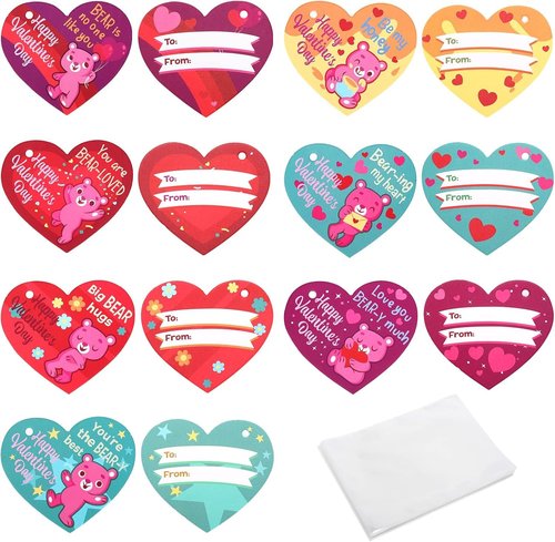 FunsLane 28PCS Valentines Day Gift Cards for Kids with Bear Plush Toys,Mini Stuffed Animal Plush Toys Keychains for Valentines Party Favor Supplies,Classroom Exchange,Game Prizes,Gift for boys girls