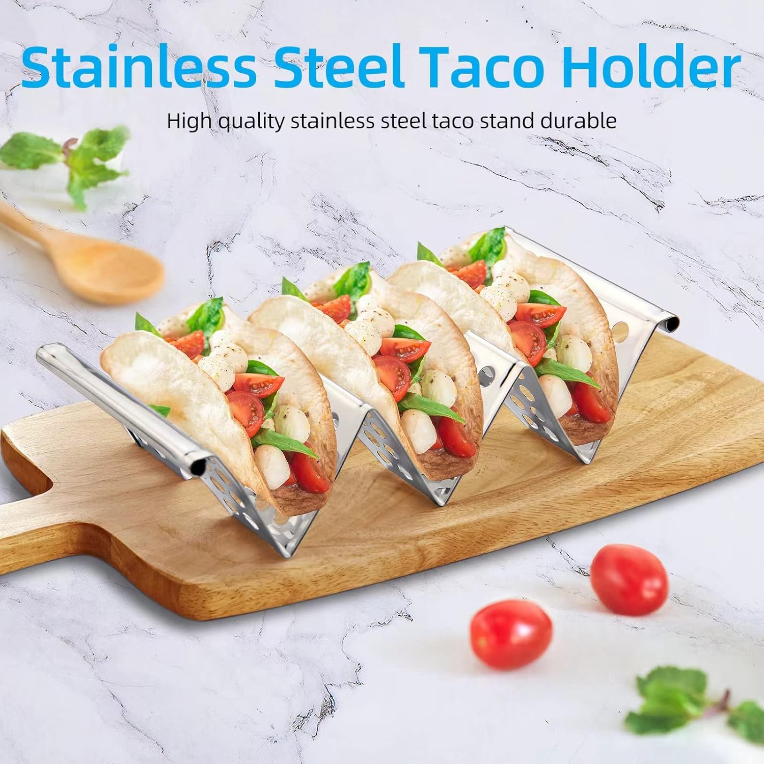 Skiennix Taco Holders Set of 4 - Stainless Steel Taco Stands with Easy-Access Handle | Fits Microwave & Oven