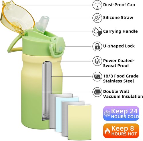 BJPKPK Insulated Water Bottle - 14oz Stainless Steel Flask with Straw, Leak-Proof Lid & Carry Handle | Lime