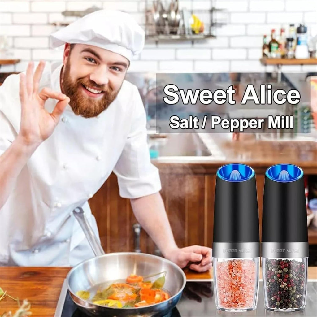 2 Pack Gravity Electric Pepper and Salt Grinder, Larger Capacity Stainless Steel Mill Grinder Battery Powered with LED Light, Adjustable Coarseness, One Hand Automatic Operation for Kitchen BBQ
