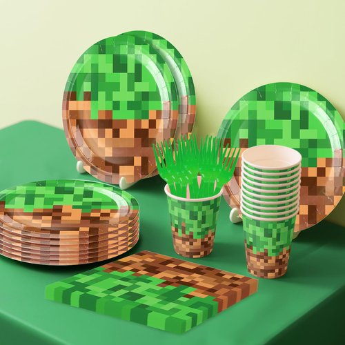 134Pcs Pixel Birthday Party Supplies for Birthday Decorations Serves 24 Guests