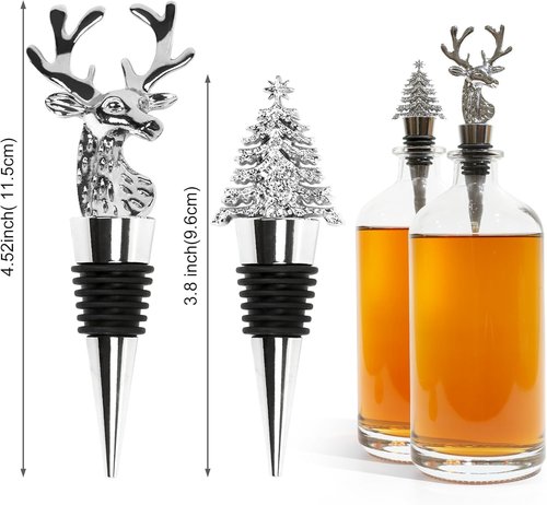 2Pack Christmas Wine Stopper, Elk & Christmas Tree Shape Decorative Wine Bottle Stopper, Food-Grade Silicone & Zinc Alloy Airtight Wine Cork for Wine Champagne, Xmas Party Home Bar Holiday Gift Silver