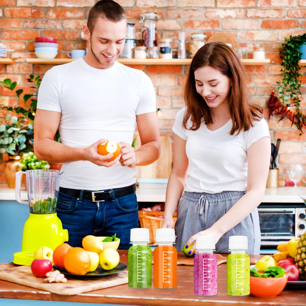 Szsrcywd 30Pcs 2oz Small Shot Bottles with Caps,Plastic Juice Bottle Reusable Ginger Beverage Containers Jars with Scale for Liquids,Beer,Coffee,Smoothies Portable Travel Bulk