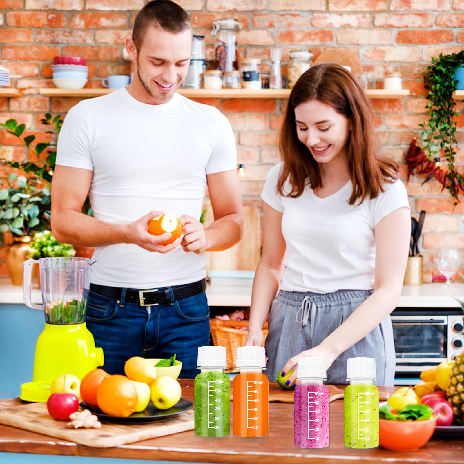 Szsrcywd 30Pcs 2oz Small Shot Bottles with Caps,Plastic Juice Bottle Reusable Ginger Beverage Containers Jars with Scale for Liquids,Beer,Coffee,Smoothies Portable Travel Bulk