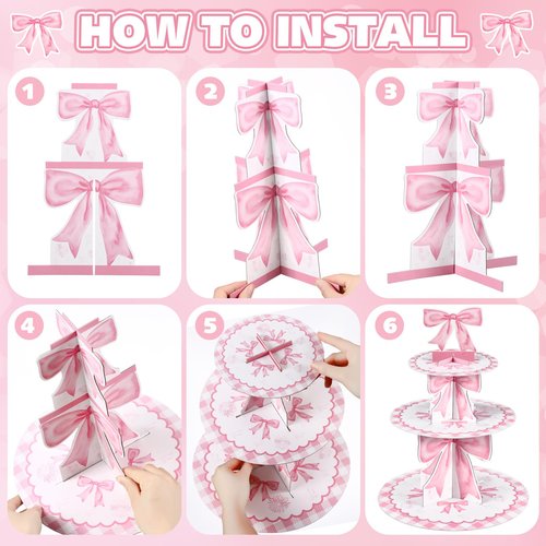 Willinglong 3 Tier Pink Bow Cake Stand Coquette Bow Party Birthday Cake Stand Decorations Pink Dessert Tower for Wedding Garden Birthday Party Supplies