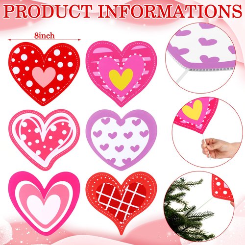 Vertintong 12 Pcs Valentines Day Decorations Tree Ornaments Large Red Pink White Heart Picks Cute Heart San Valentines Ornaments for Valentine's Day Tree Topper Home Wedding Party Decor