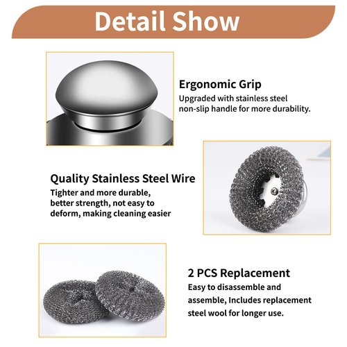 4pcs Steel Wool Scrubber with Replacement Wire Sponge Pads Set, Stainless Steel Scrubber with Handle for Scouring Stubborn Messes from Cast Iron, Pots, Pans, Grill, Stoves, Sink(2 Scrubber+2 Pads)