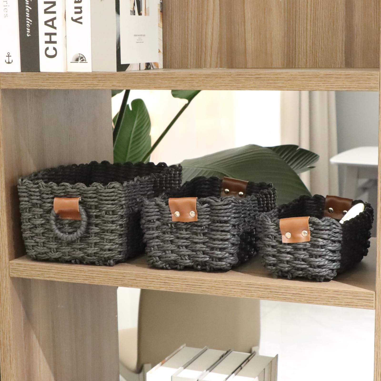 QingtuHome Paper rope Small Storage baskets for Organizing,Cute woven Little basket for Home，Shelves, Bathroom,Decorative basket,Set of 3 (Black)