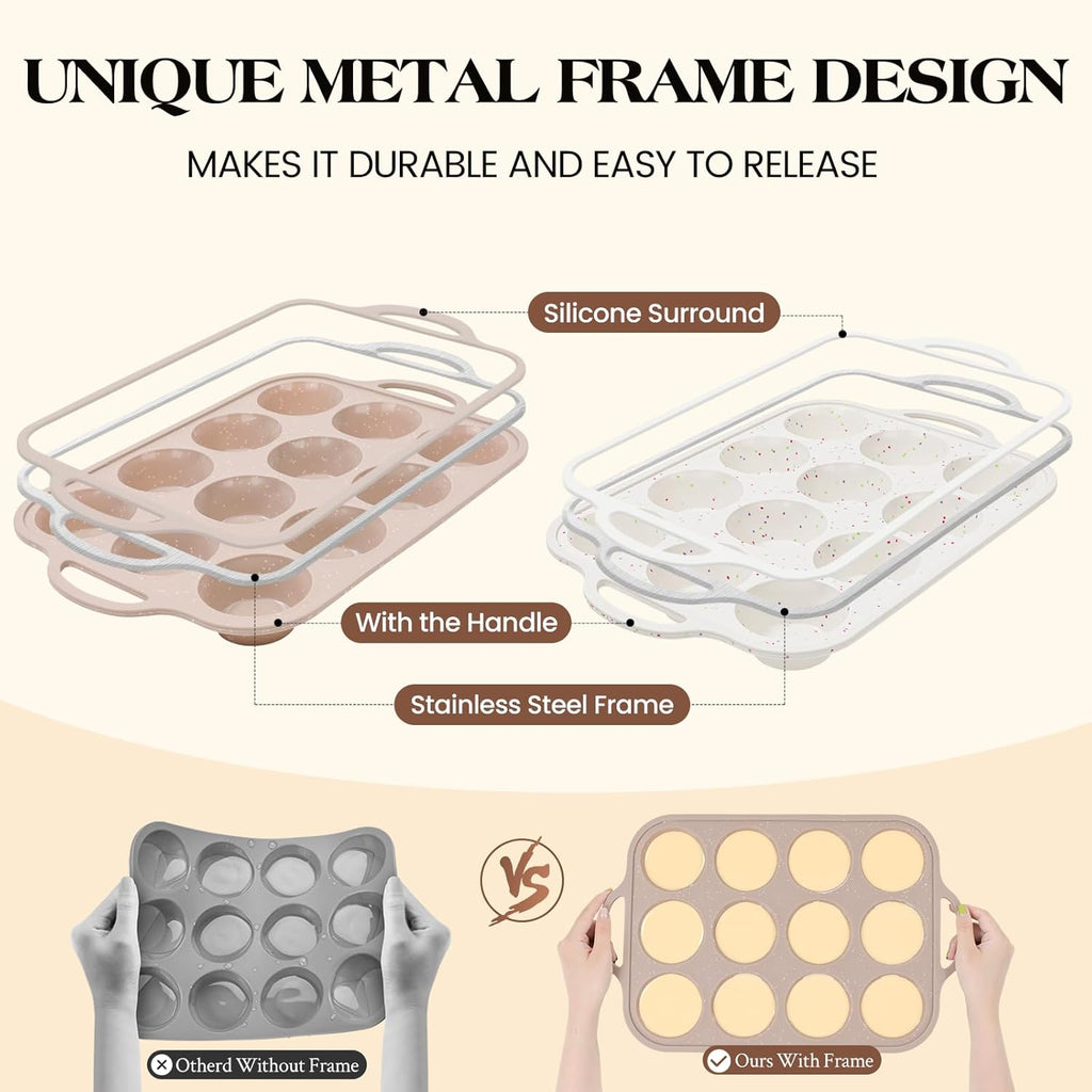 Vinino Silicone Muffin Pans - 2-Pack Nonstick Baking Molds with Metal Reinforced Frame | 12 Cups, BPA Free
