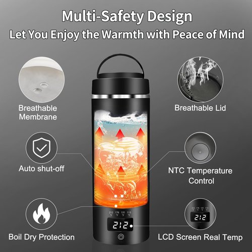 Portable Travel Electric Kettle with Plug-in Boiling & Keeps Warm via USB, 4 Temperature Settings, 304 Stainless Steel with Auto Shut-off 16oz(Black）