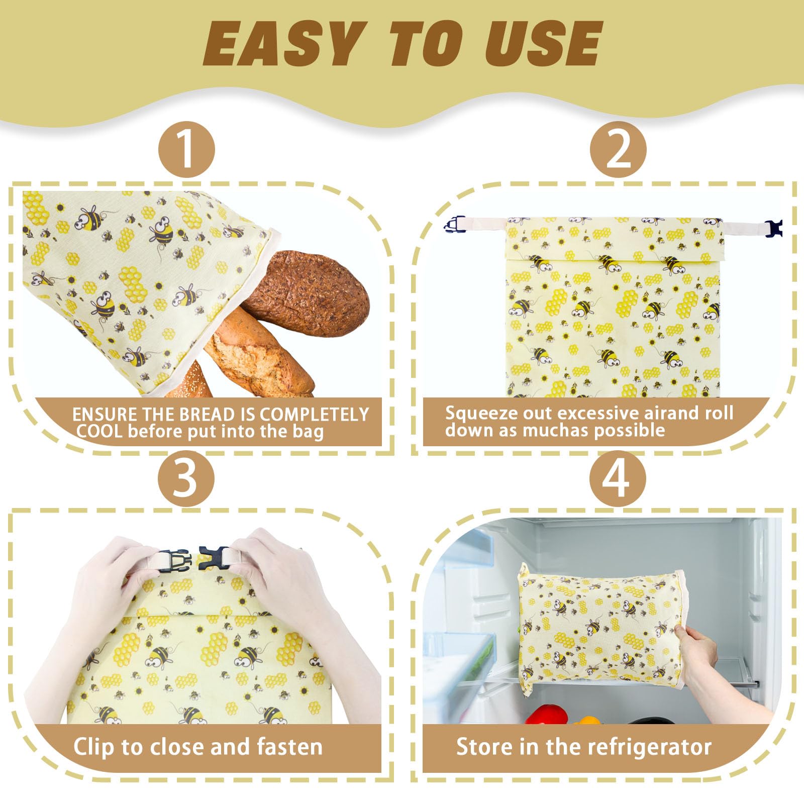 HelixTrim 2 Reusable Beeswax Bread Bags, 17 Inch Foldable Food Storage Bag, Suitable for Homemade Bread, Sourdough Preservation, Picnics, and Zero Waste Living (Bee Bag)