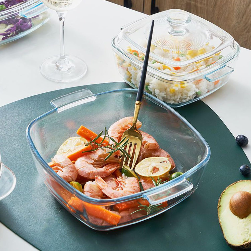 Skiennix Small Tempered Glass Casserole Dish - Oven Safe with Lid | 0.8L Square Baking Dish, Clear
