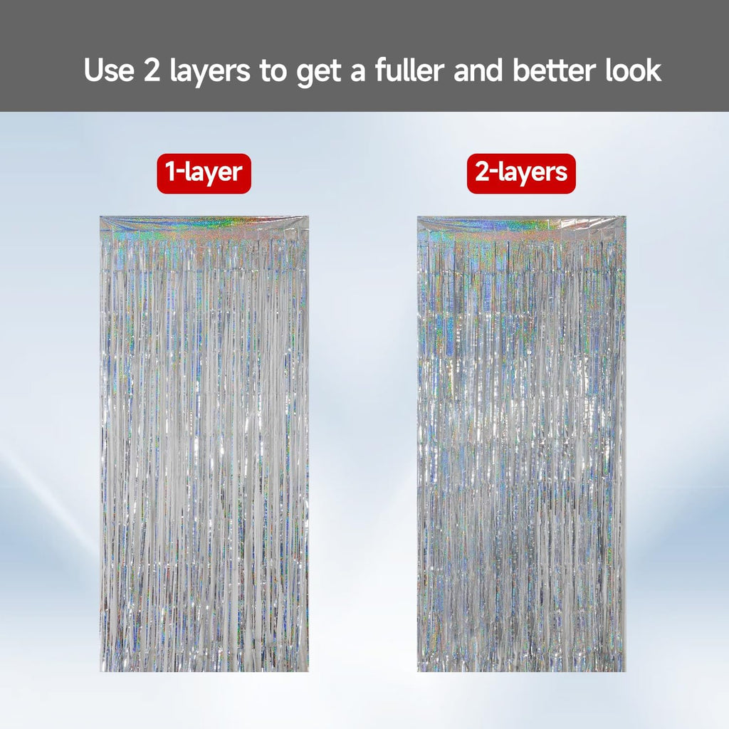 QRabbit Foil Curtain Backdrop - Silver Metallic Tinsel Fringe Curtains | 4 Pack for Parties & Events